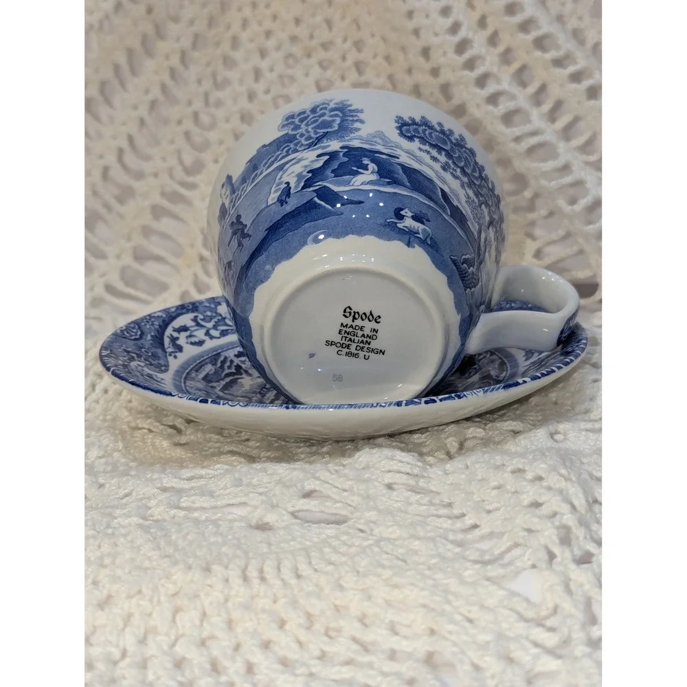 Spode Blue Italian Tea Cup and Saucer Made in England Blue White Transferware